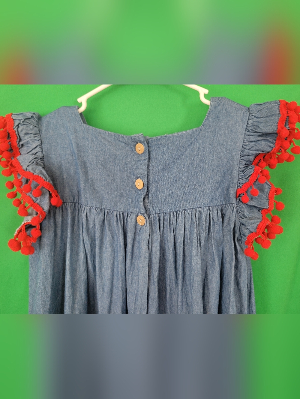 Kids Denim Dress Red Pom-Pom Sleeve Trim Ruffle Girl Size 10/12 7/8 School Back - Picture 6 of 6